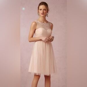 Jenny Yoo Pale Blush Illusion Neck Tulle Midi Dress